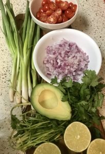 Avocado_green_onion_red_onion_lime_cilantro_tomatoes_ingredients_salmon_quinoa_salad_bowl