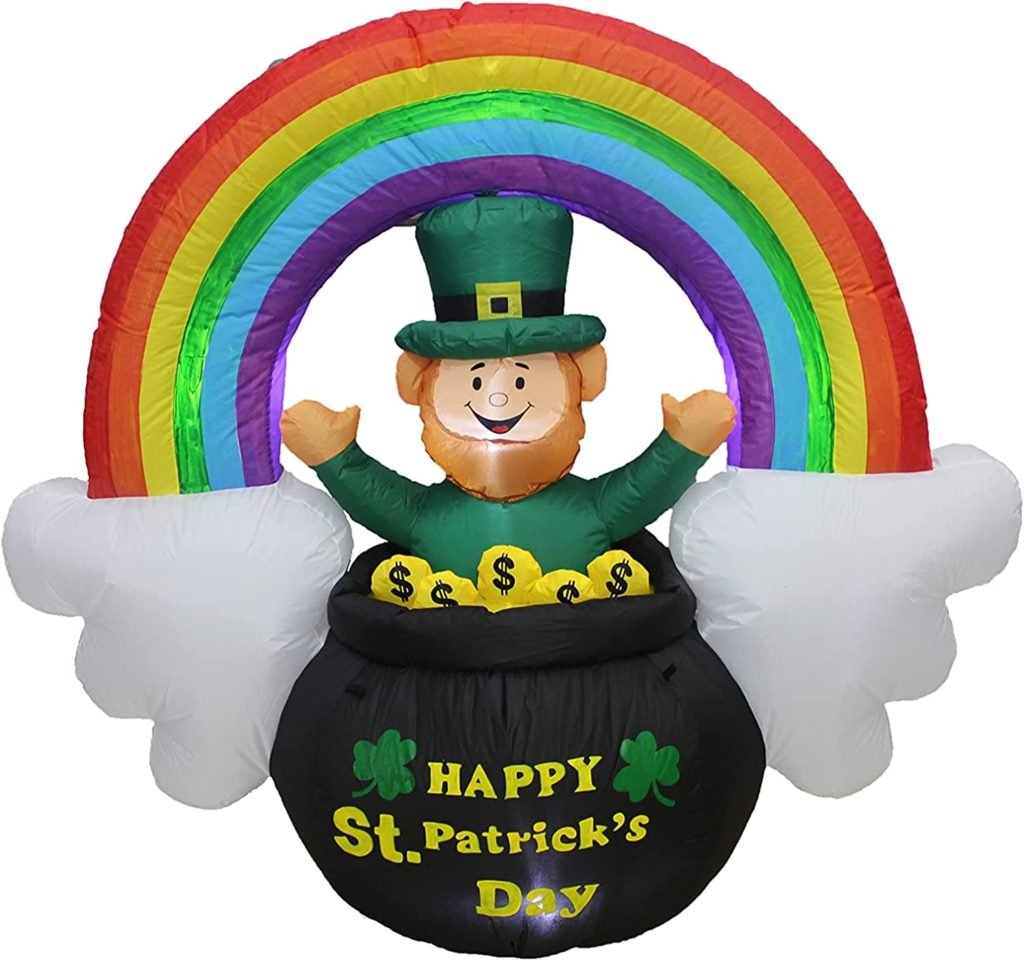 Buy Tall St. Patrick's Day Inflatable Green Leprechaun in Pot of Gold with Rainbow and Cloud Pre-Lit LED Lights